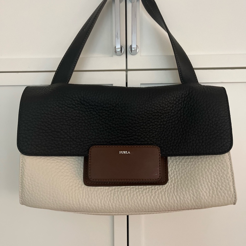 Furla Black and Cream Shoulder Bag with Structured Design